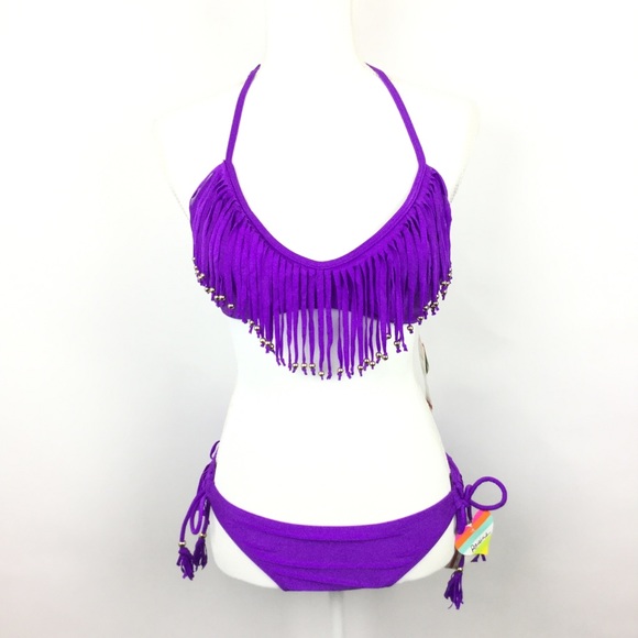 Raisins Bikini Swimsuit Purple Fringe Side Tie - Picture 2 of 7